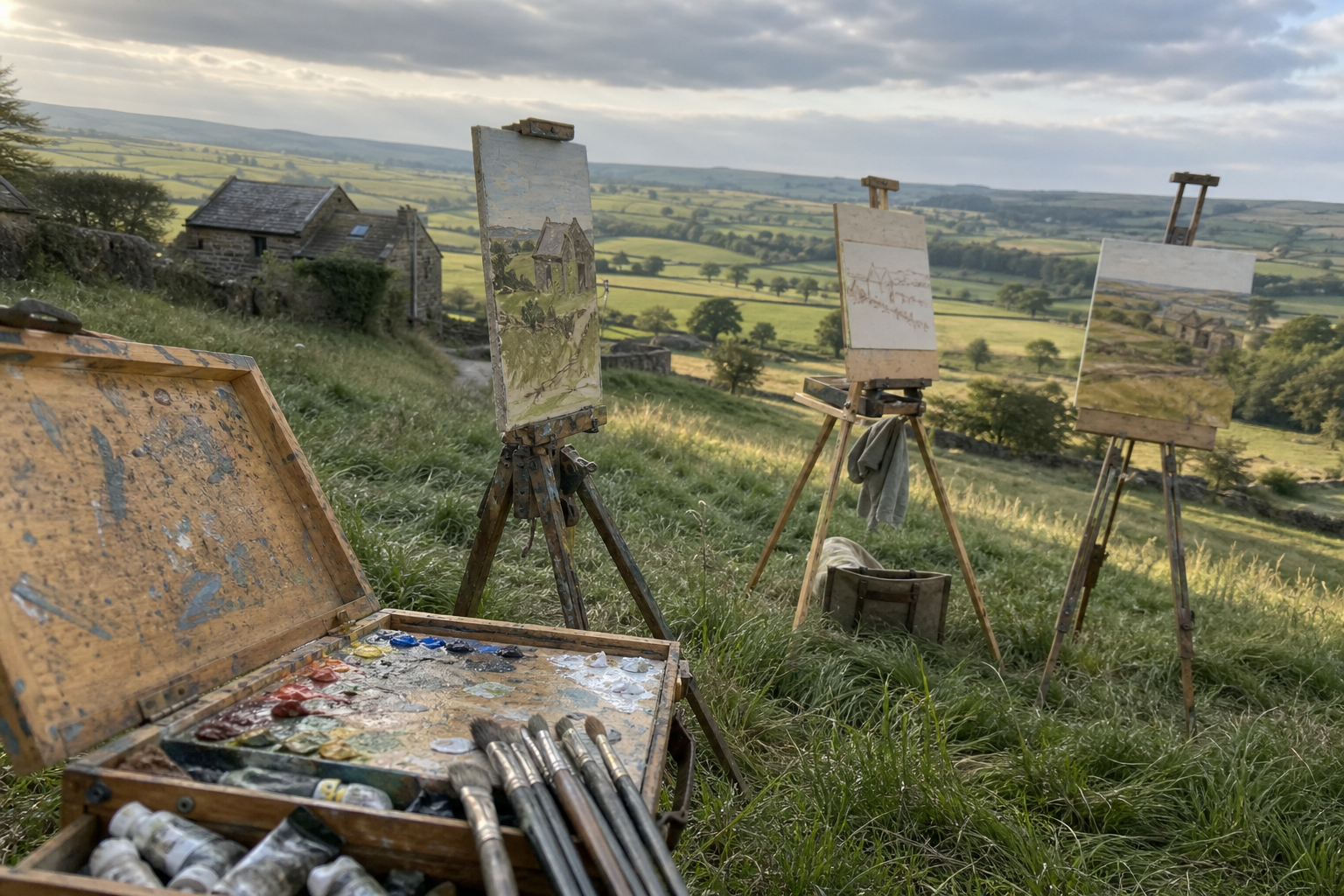 Wooden easels and paint boxes arranged on a hillside overlooking open countryside