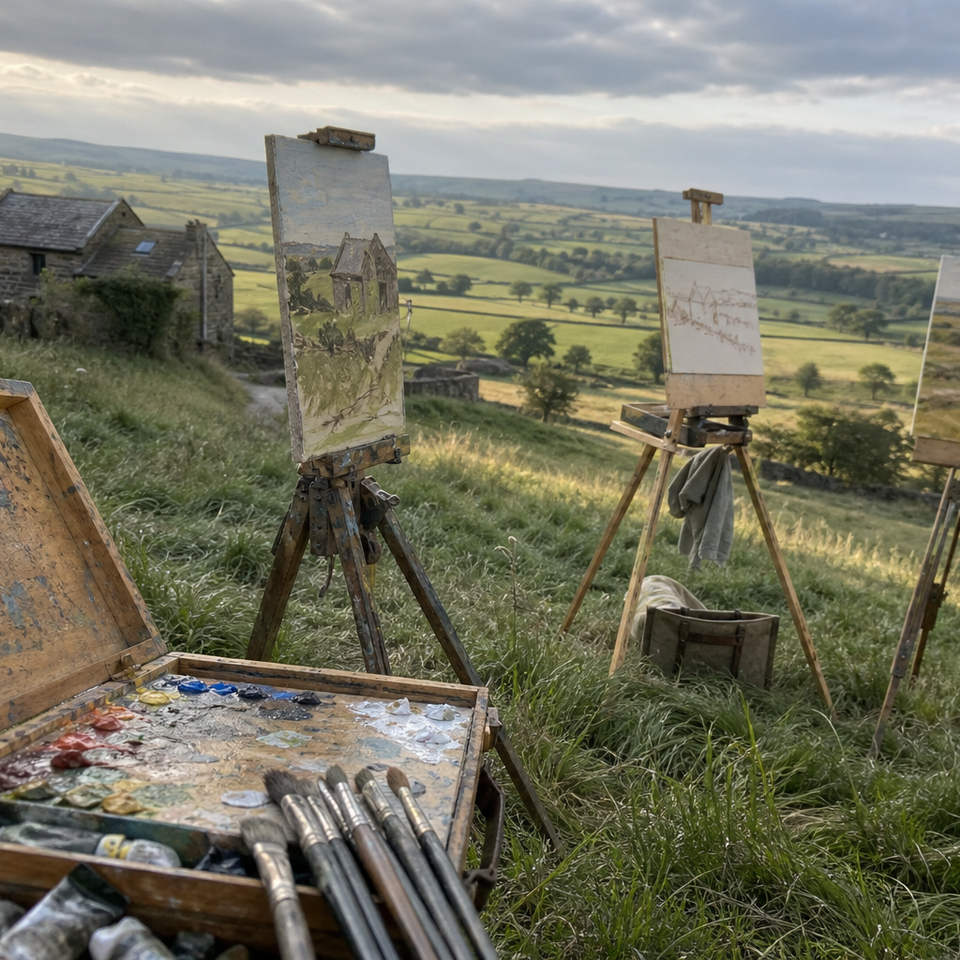 Wooden easels and paint boxes arranged on a hillside overlooking open countryside