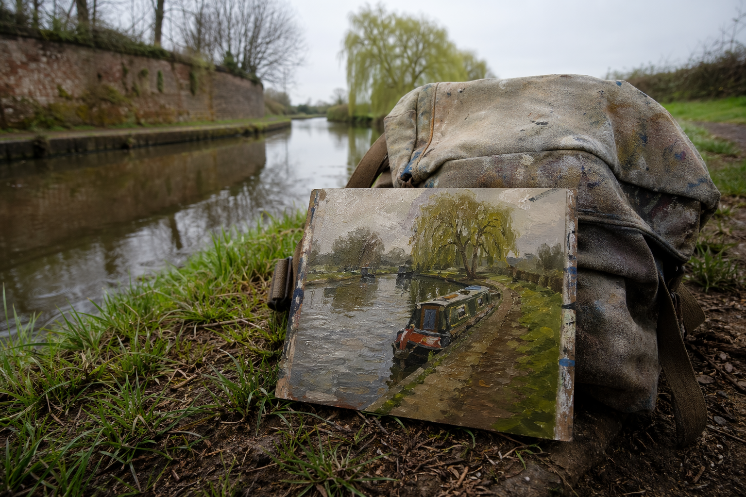 Small finished oil painting panel resting against a bag beside a canal