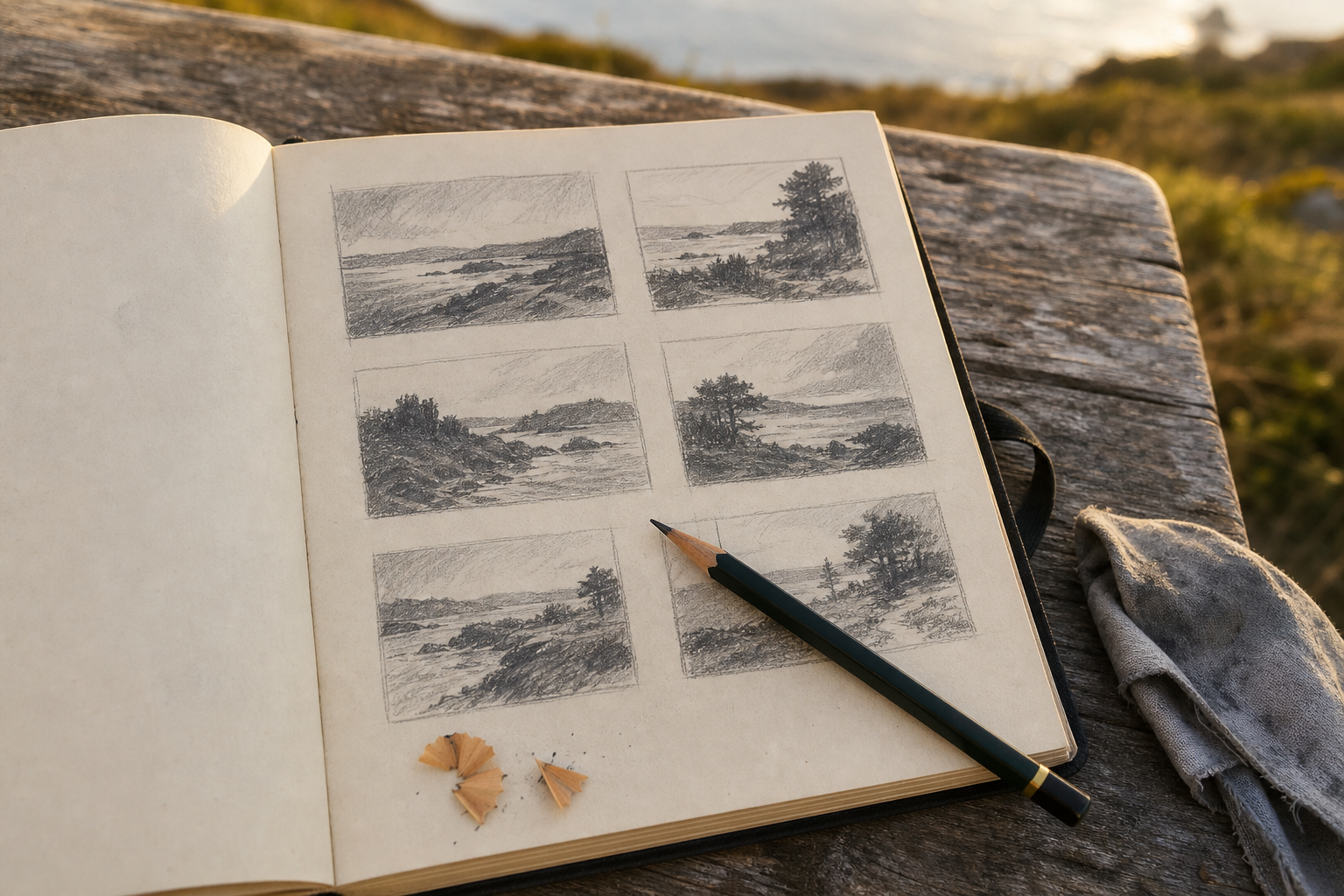Open sketchbook showing small pencil thumbnail sketches of a landscape with value shading