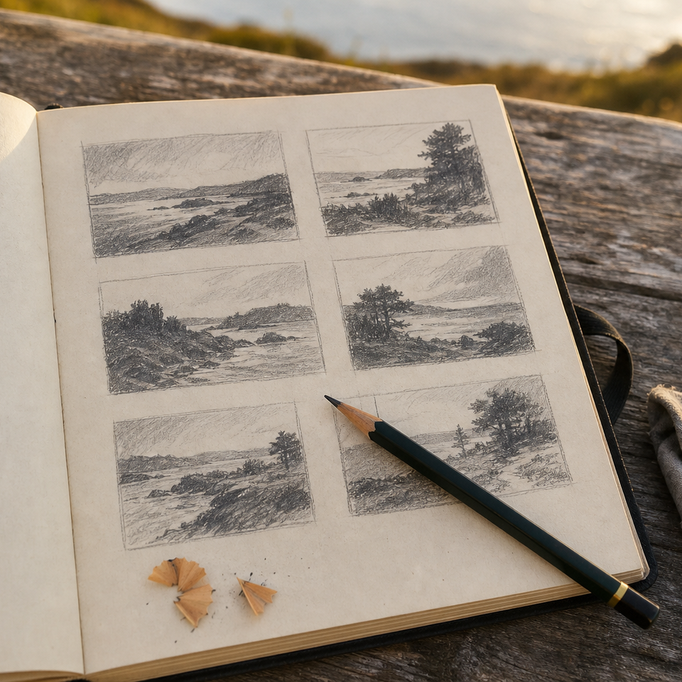 Open sketchbook showing small pencil thumbnail sketches of a landscape with value shading