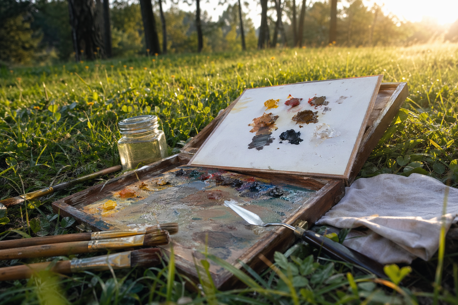 Oil paints, brushes, palette, and small panel arranged on grass outdoors