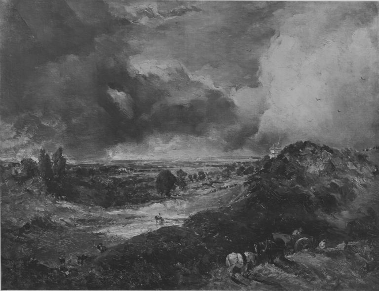 Stormy-sky landscape showing Hampstead Heath with Branch Hill Pond and a distant view.