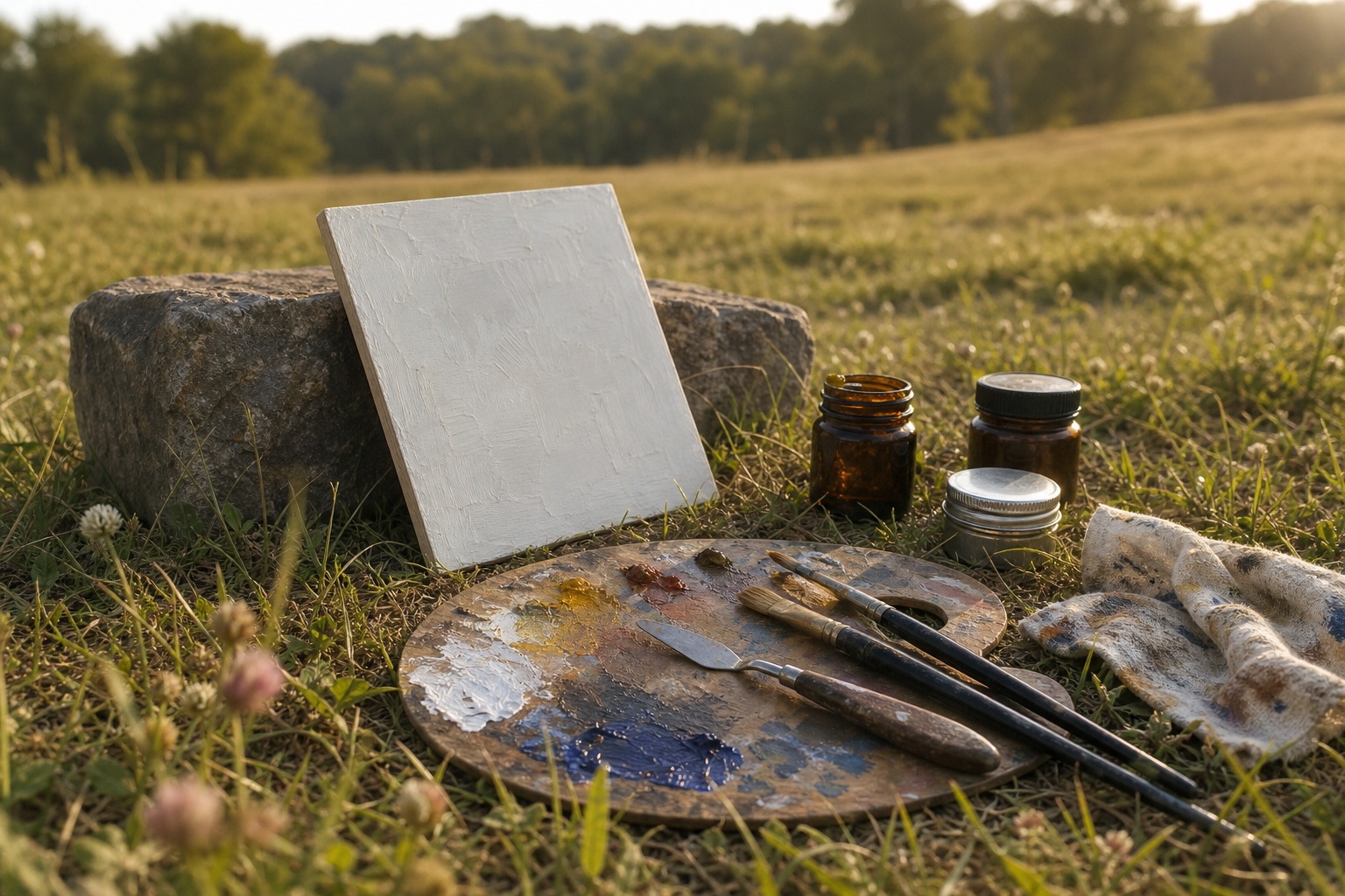 Minimalist outdoor oil painting kit with panel, palette, and small medium containers in a field