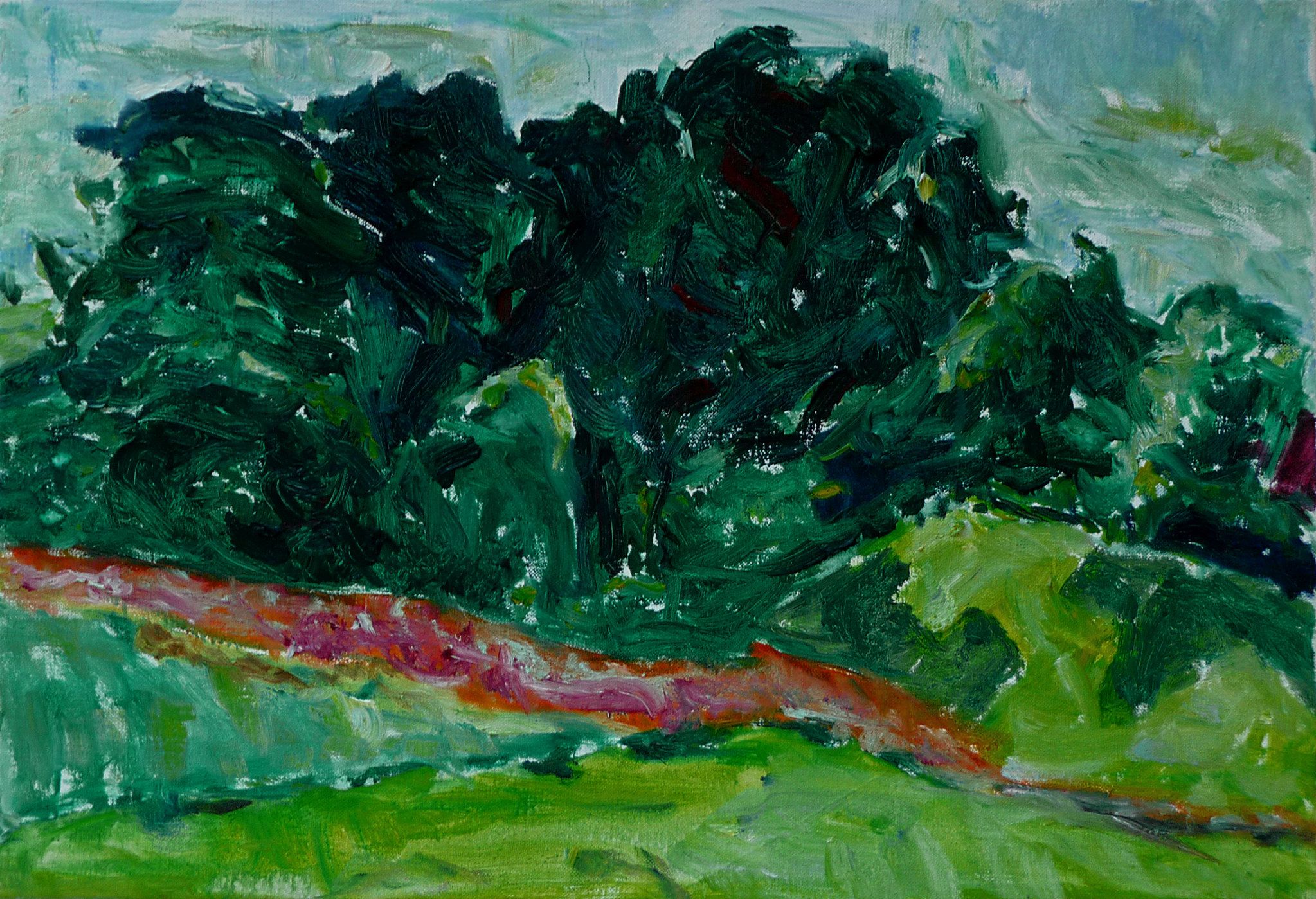 Fons Heijnsbroek's plein air oil painting of trees and a meadow in Burgundy during summer