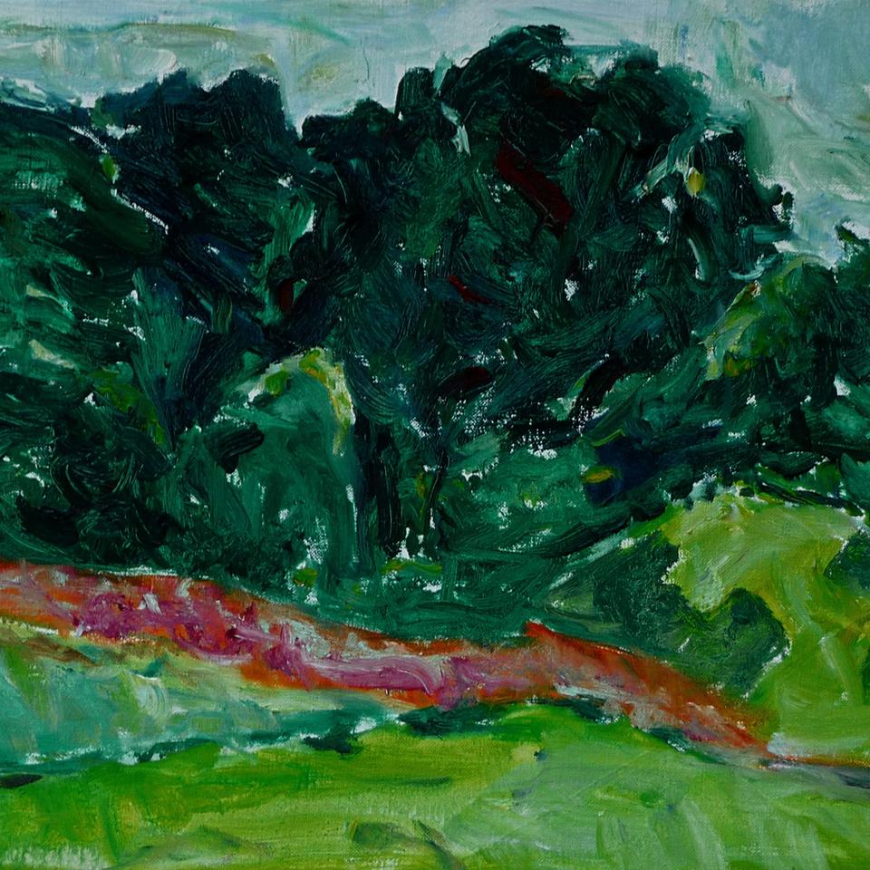 Fons Heijnsbroek's plein air oil painting of trees and a meadow in Burgundy during summer