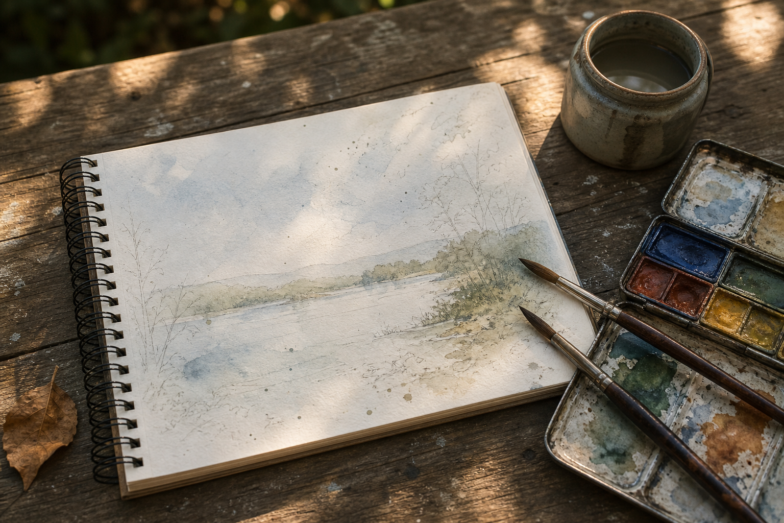 Spiral-bound sketchbook lying open flat on a wooden outdoor surface beside watercolour paints