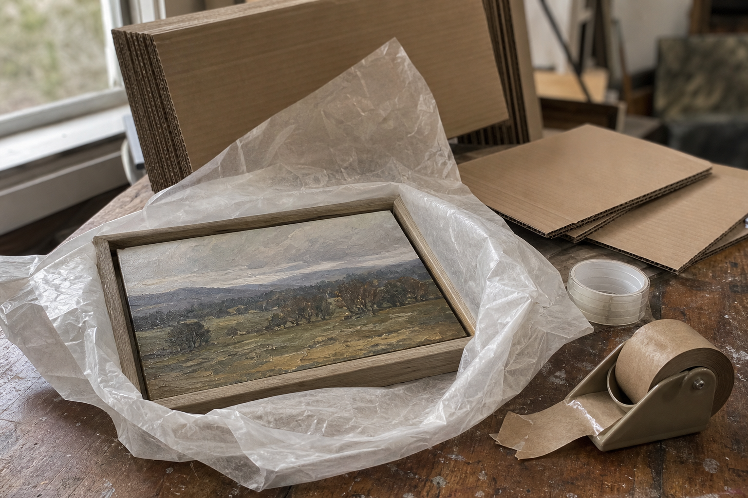 Glassine paper, corrugated board, and tape arranged around a small framed painting