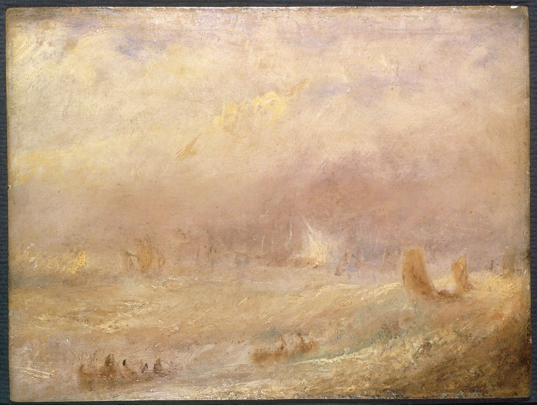 Small boats and figures on an agitated, swell-filled sea beneath hazy winter sunlight breaking through clouds.