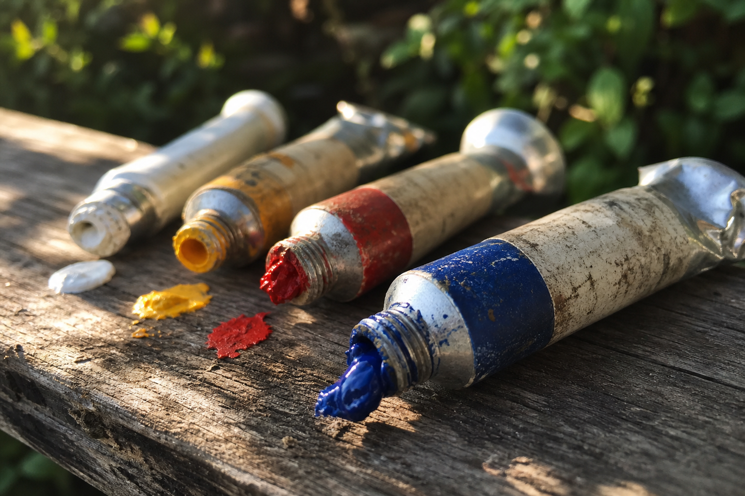 Several oil paint tubes arranged neatly on a wooden surface outdoors