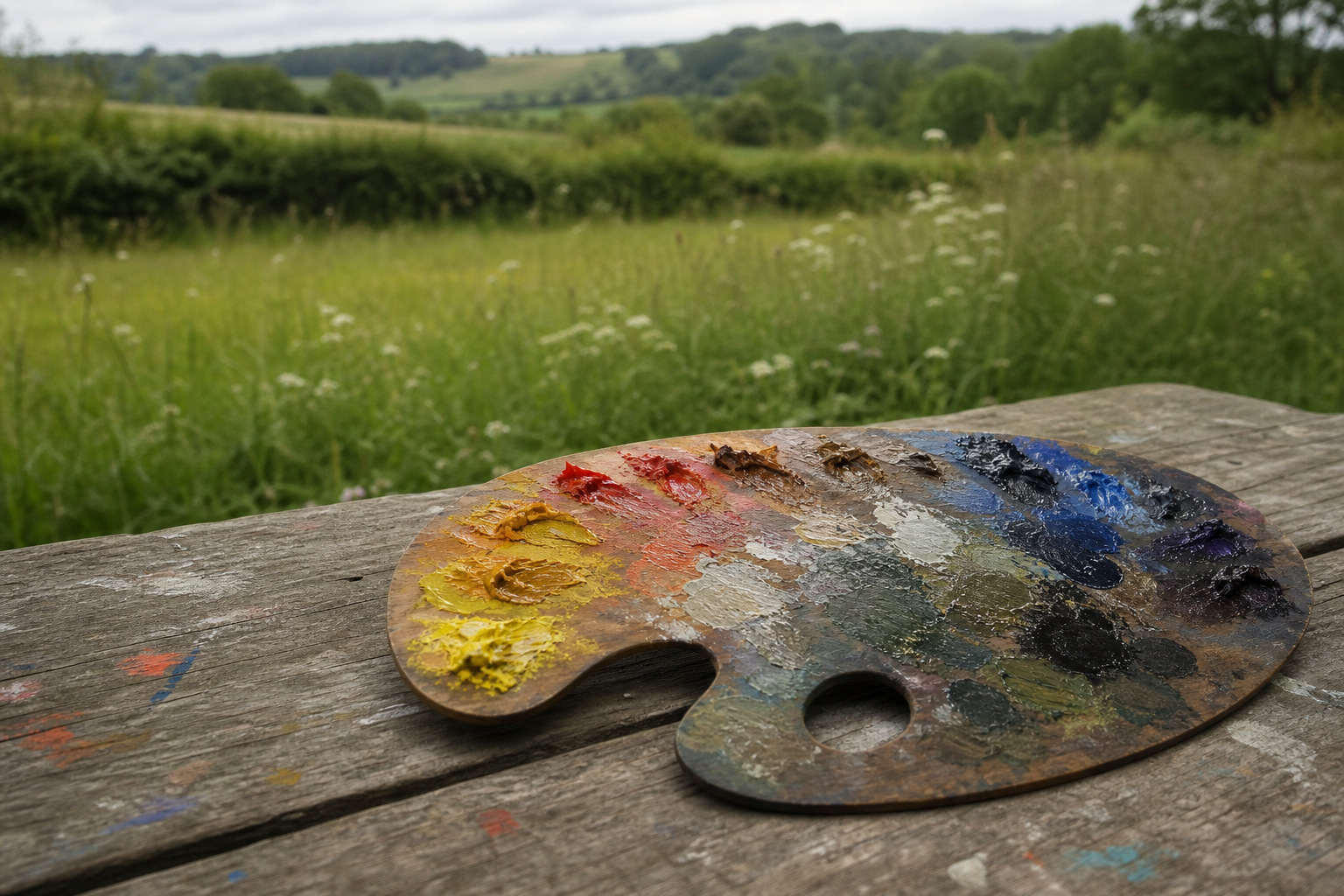 Wooden palette with oil paints arranged in order, outdoors on a wooden surface