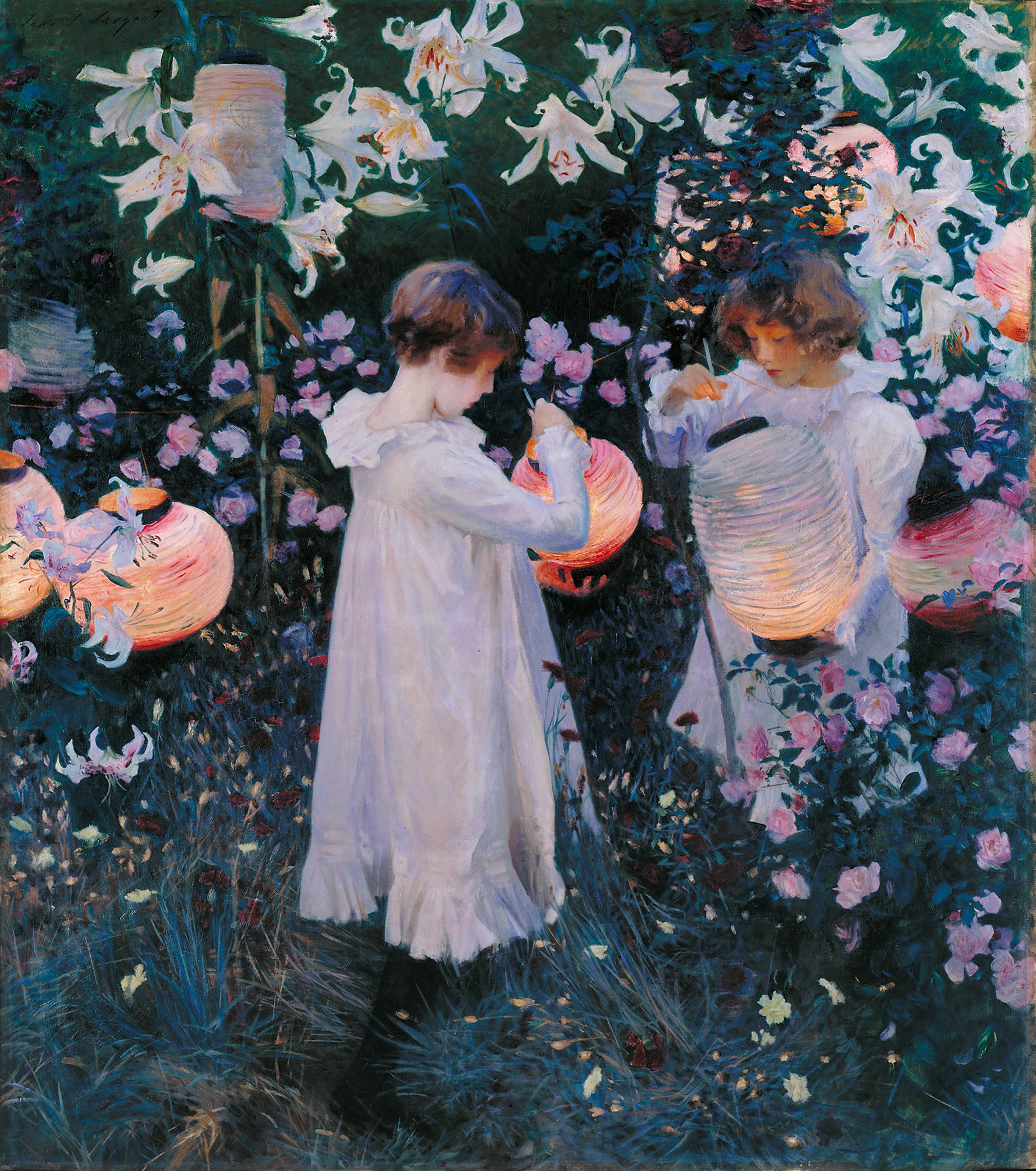 John Singer Sargent’s Carnation, Lily, Lily, Rose, showing two children lighting lanterns in a flower garden at dusk