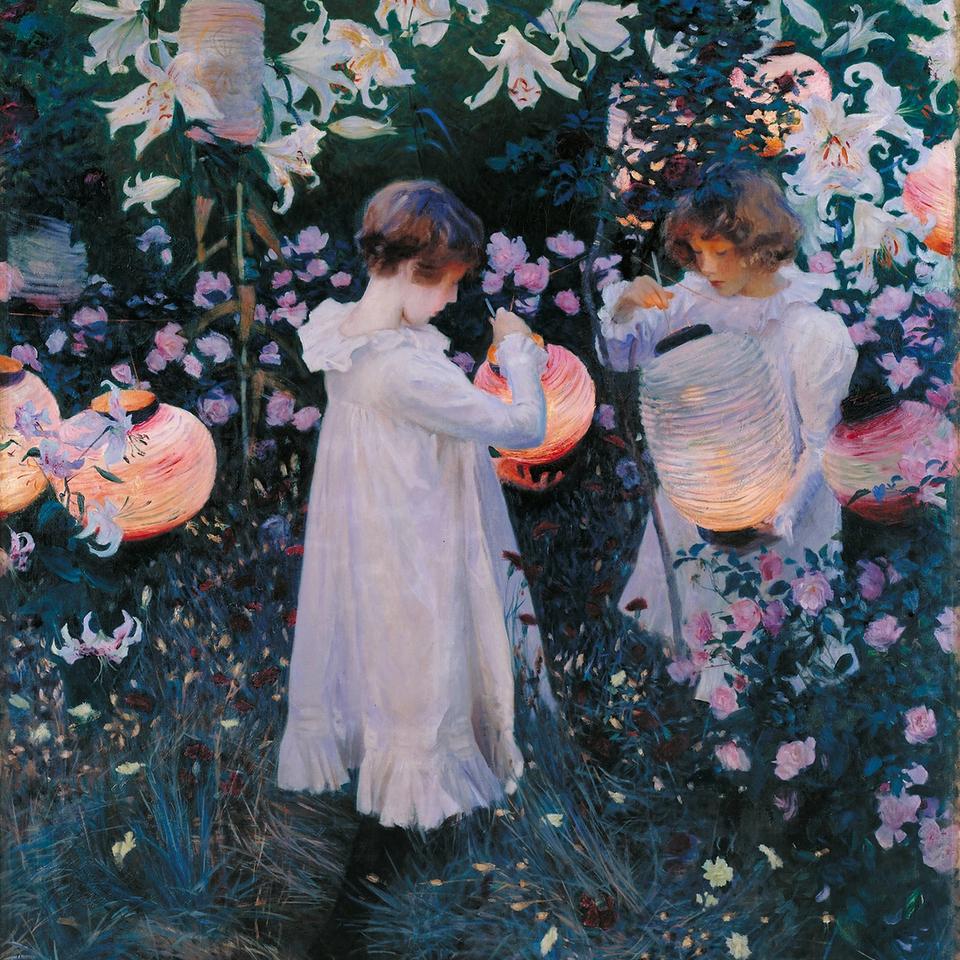 John Singer Sargent’s Carnation, Lily, Lily, Rose, showing two children lighting lanterns in a flower garden at dusk