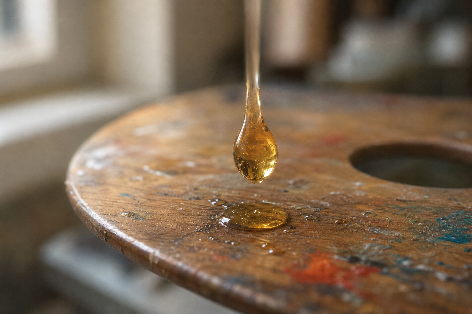 Close-up of a drop of golden linseed oil falling onto a wooden artist's palette