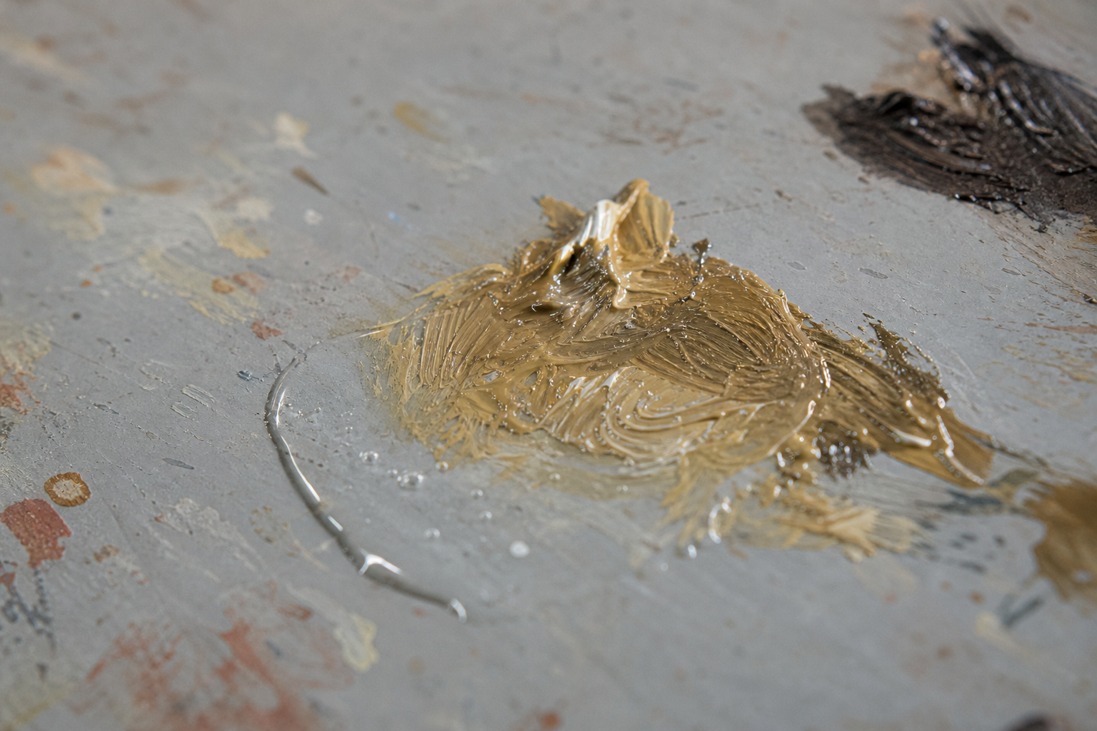 Close-up of a small amount of clear alkyd medium mixed into oil paint on a grey palette