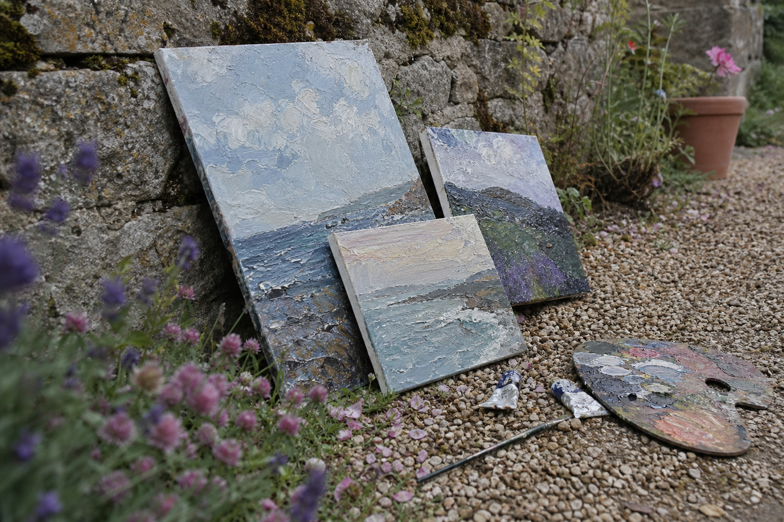 Small oil paintings propped against a stone wall in a garden setting