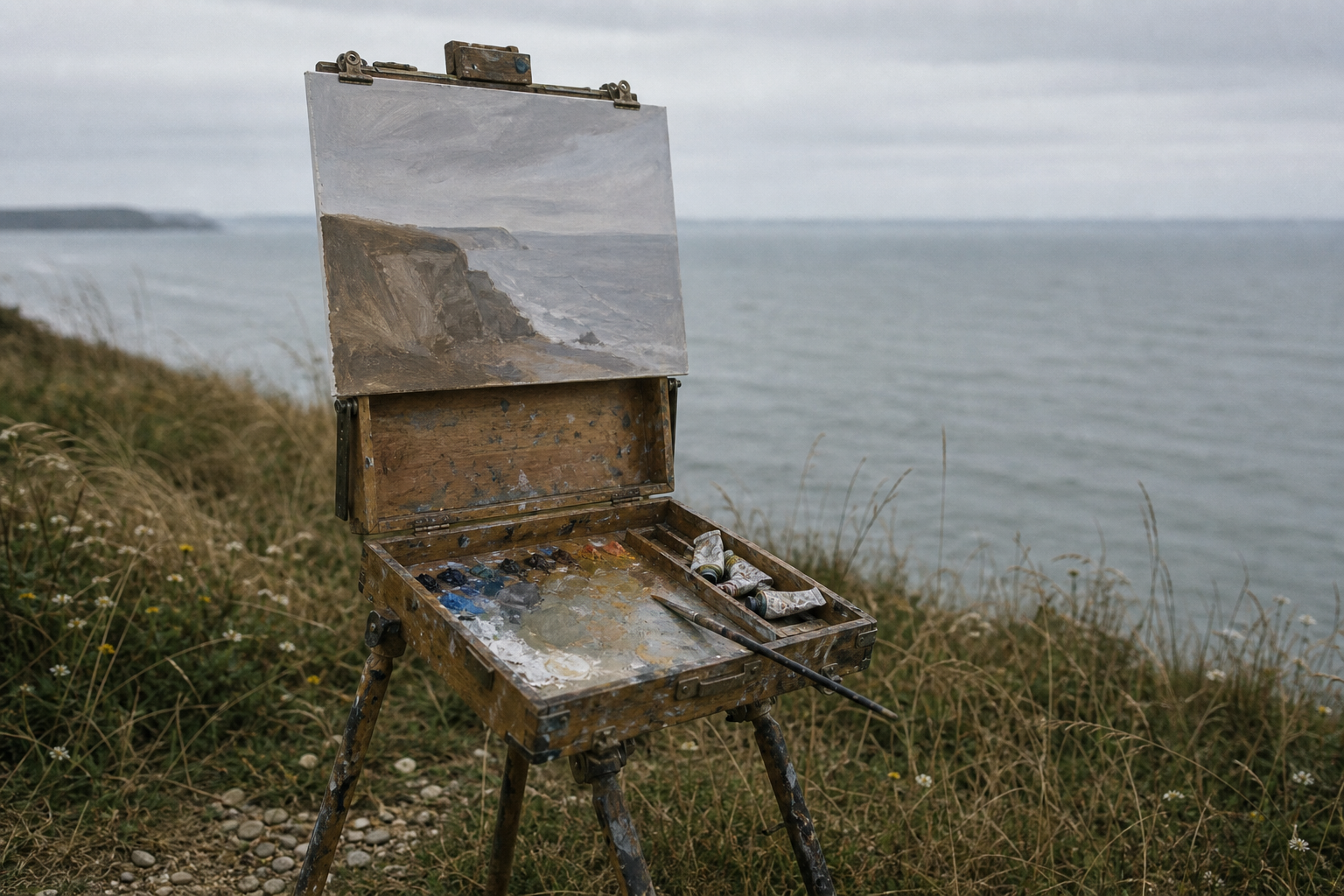 Wooden French easel fully extended on a grassy clifftop with grey sea in the background.
