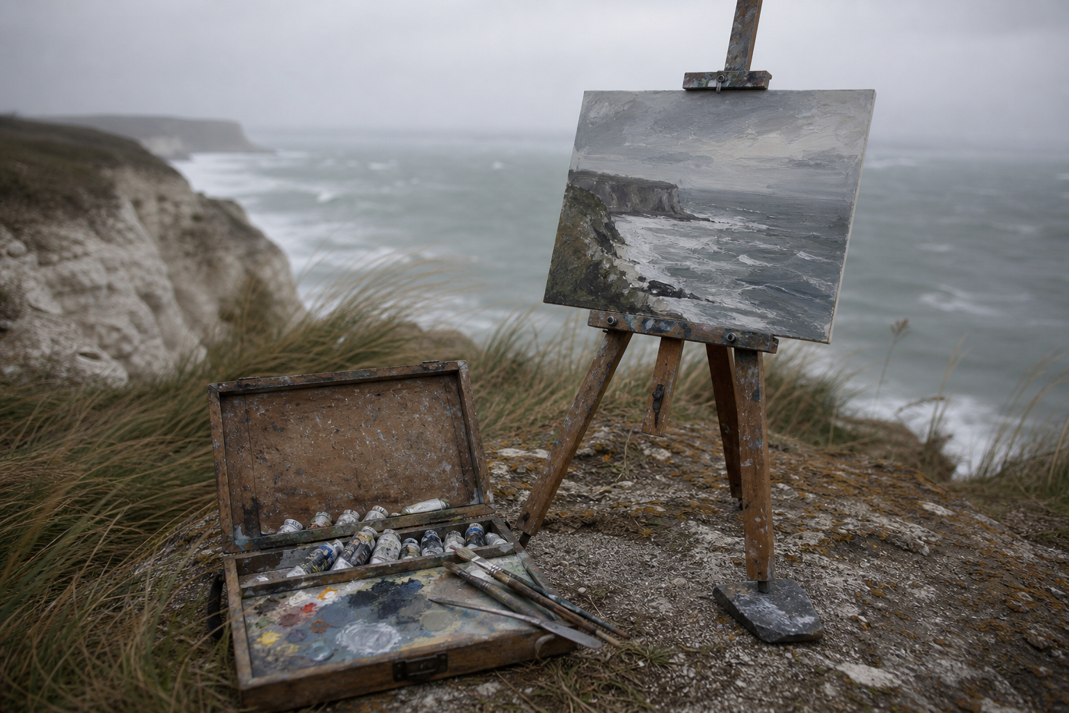 Wooden easel and paint box on a windswept clifftop overlooking grey sea
