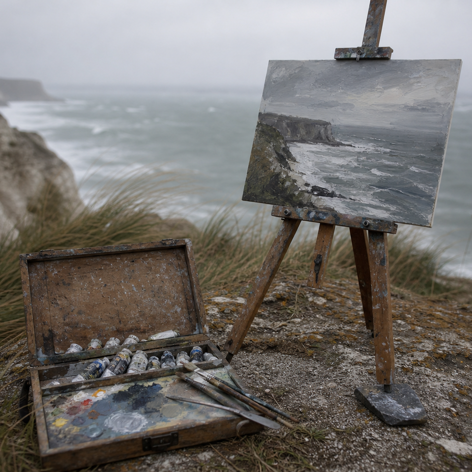 Wooden easel and paint box on a windswept clifftop overlooking grey sea