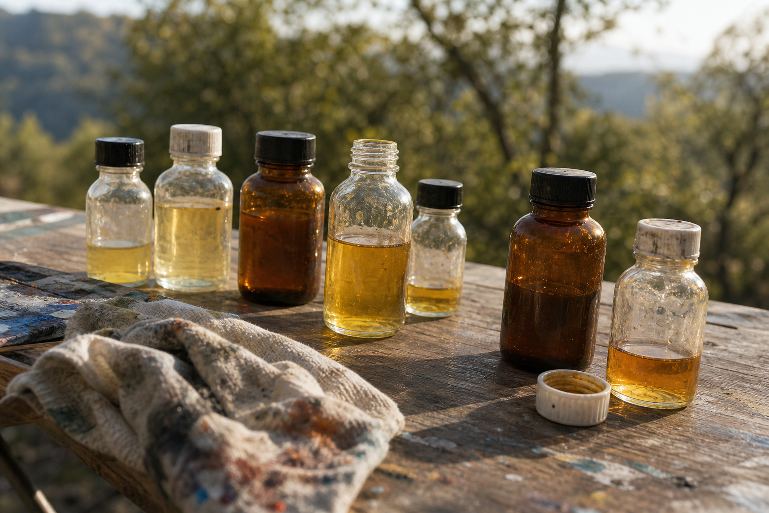 Row of small alkyd medium bottles on a sunlit outdoor painting surface