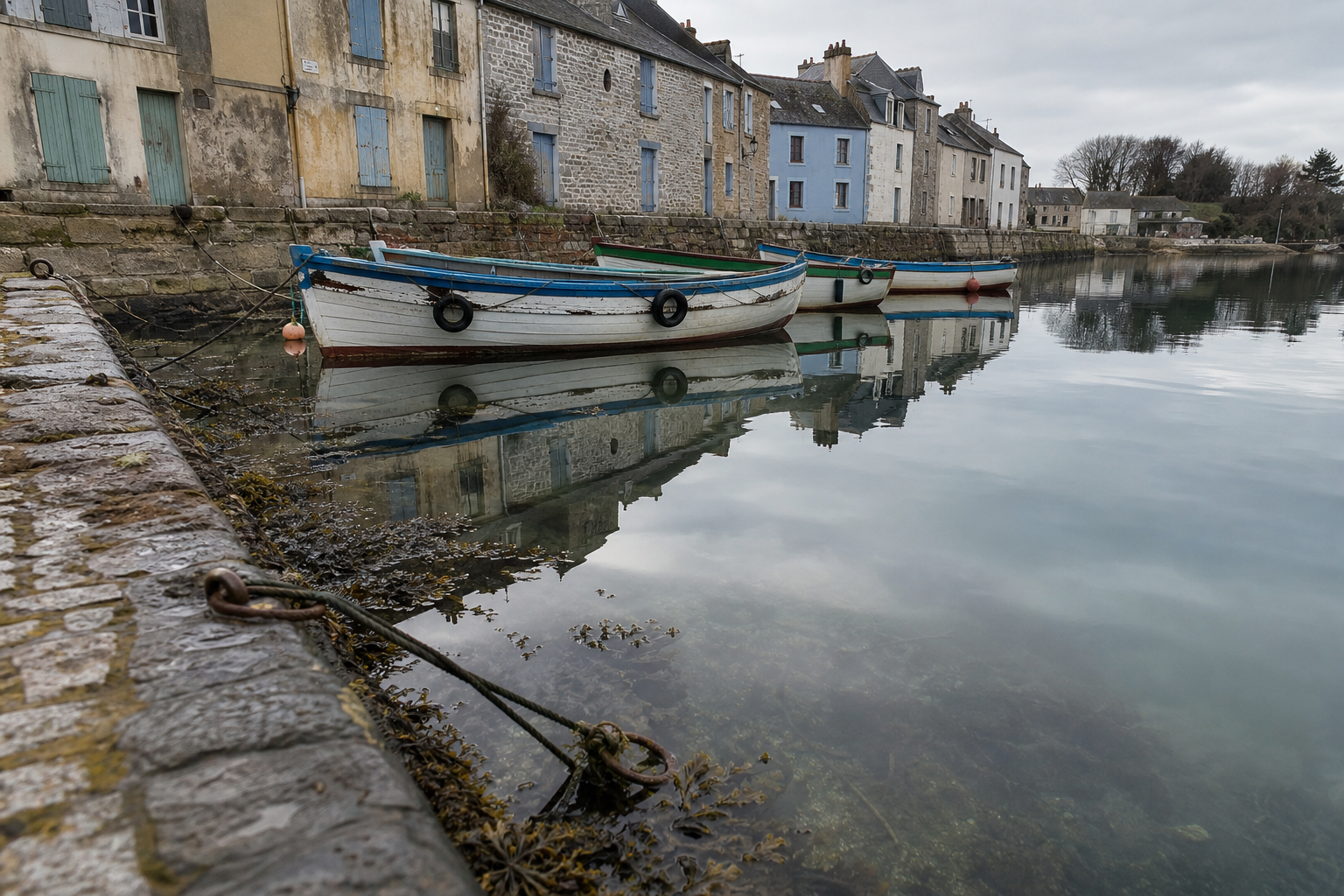 Calm harbour water reflecting boats and quayside buildings on an overcast day