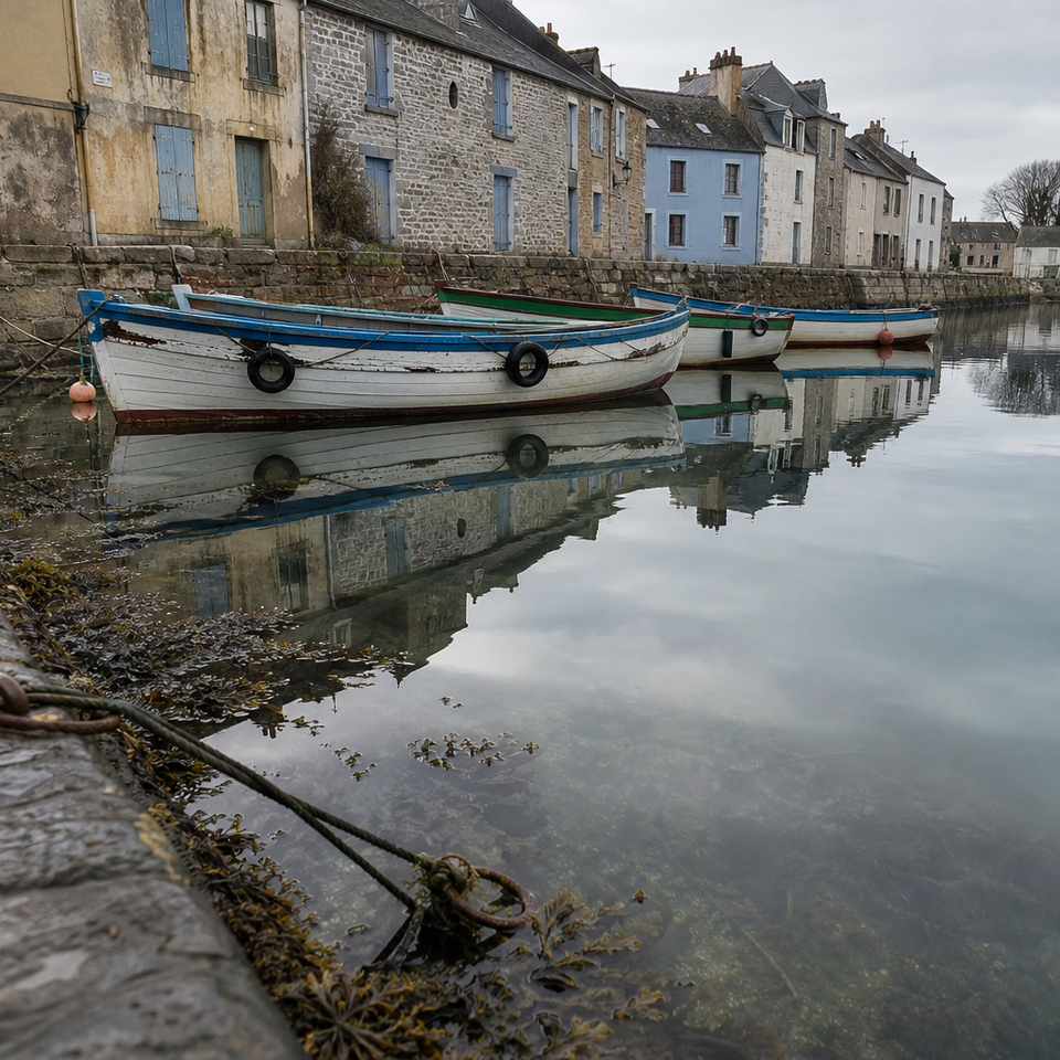 Calm harbour water reflecting boats and quayside buildings on an overcast day
