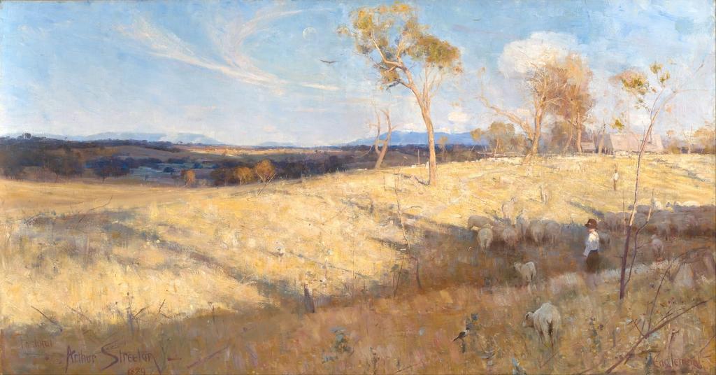 Golden-hued oil painting of a summer landscape with fields and distant horizon.