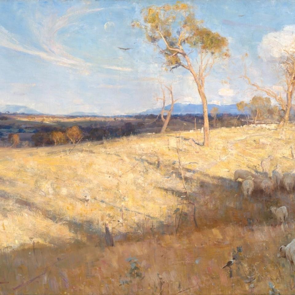 Arthur Streeton’s Golden Summer, Eaglemont, with sunlit golden fields and distant blue hills