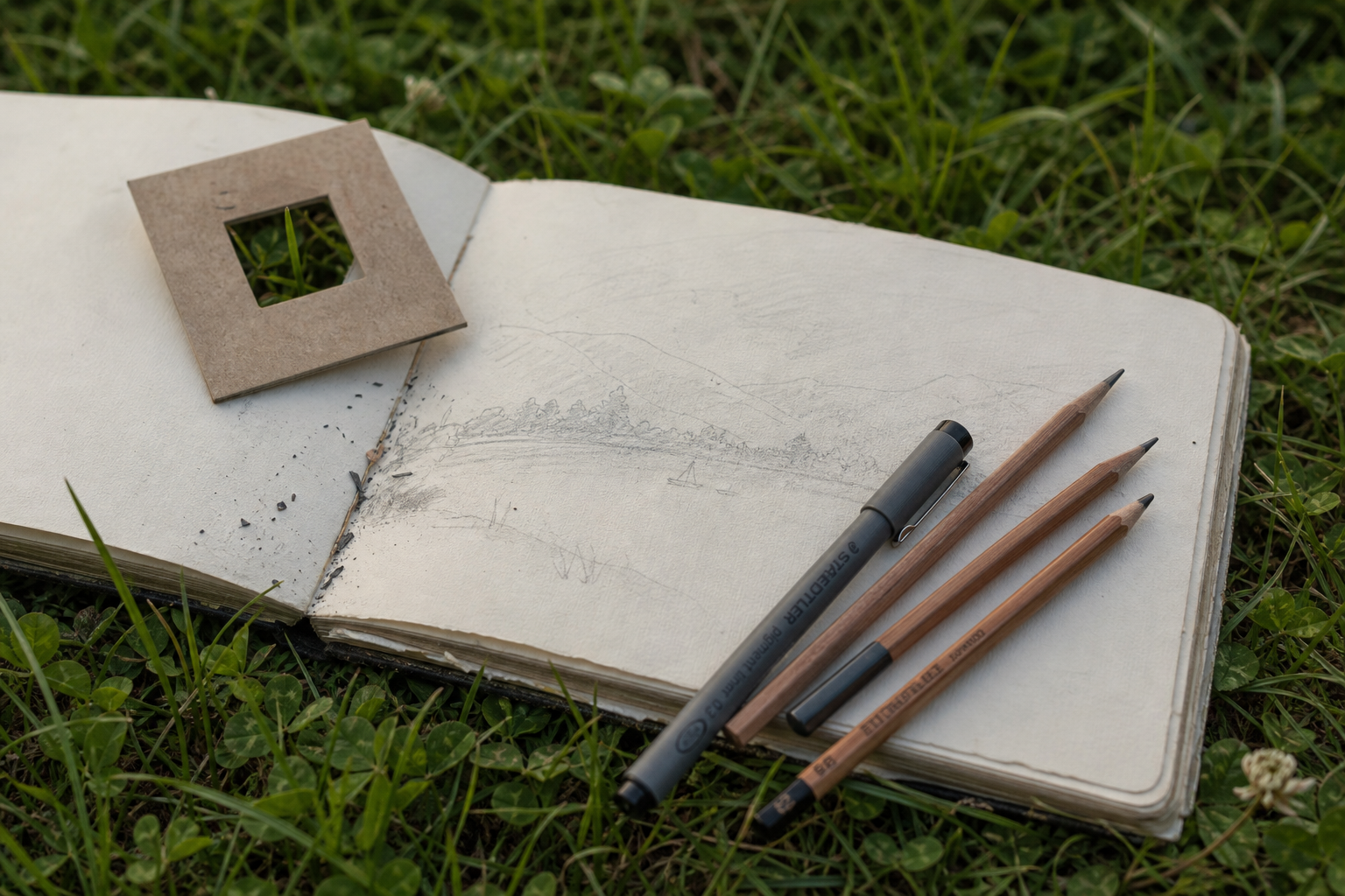 Pencils, a grey marker, and a small card viewfinder resting on an open sketchbook on grass