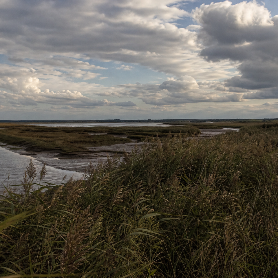 Wide tidal salt marsh with reed beds under a dramatic Norfolk sky