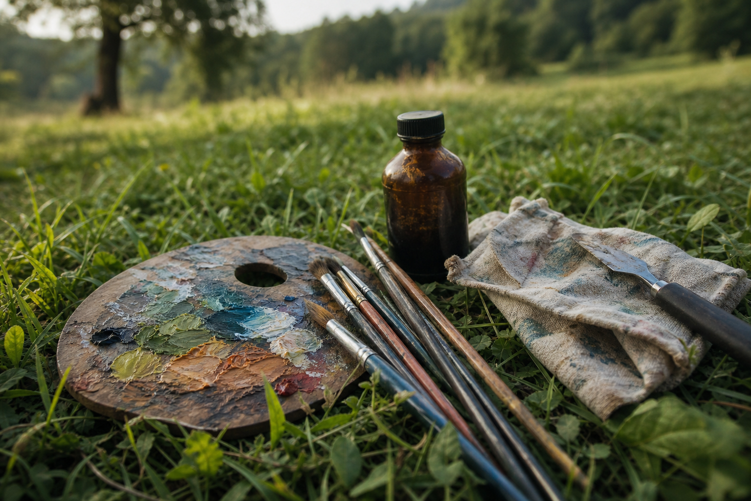 A compact painting kit laid out on grass with brushes, palette and small bottle