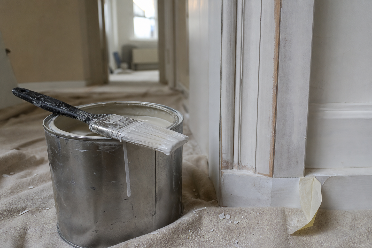 Tin of bonding primer beside a prepared white wooden door frame ready for painting