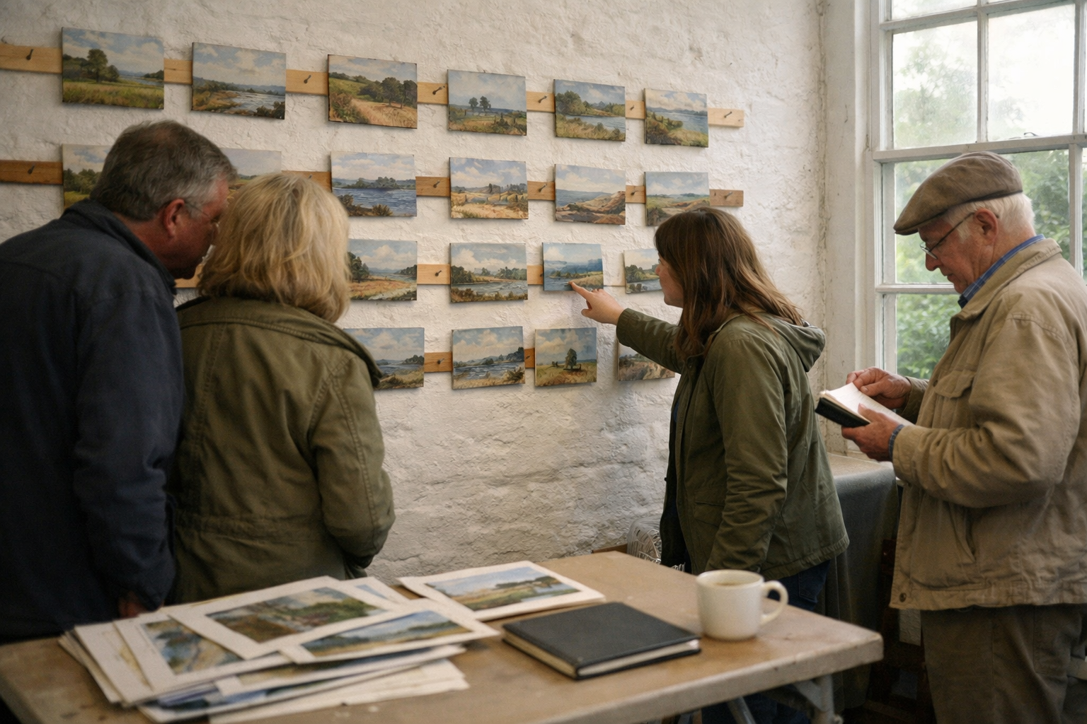 A display of plein air artworks in an open studio