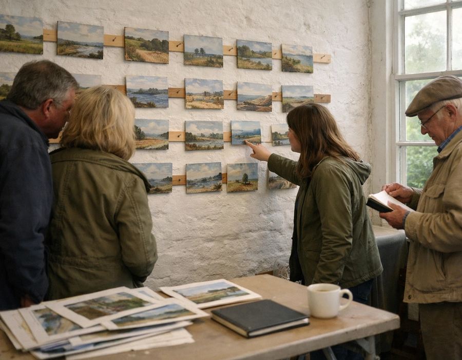 A display of plein air artworks in an open studio