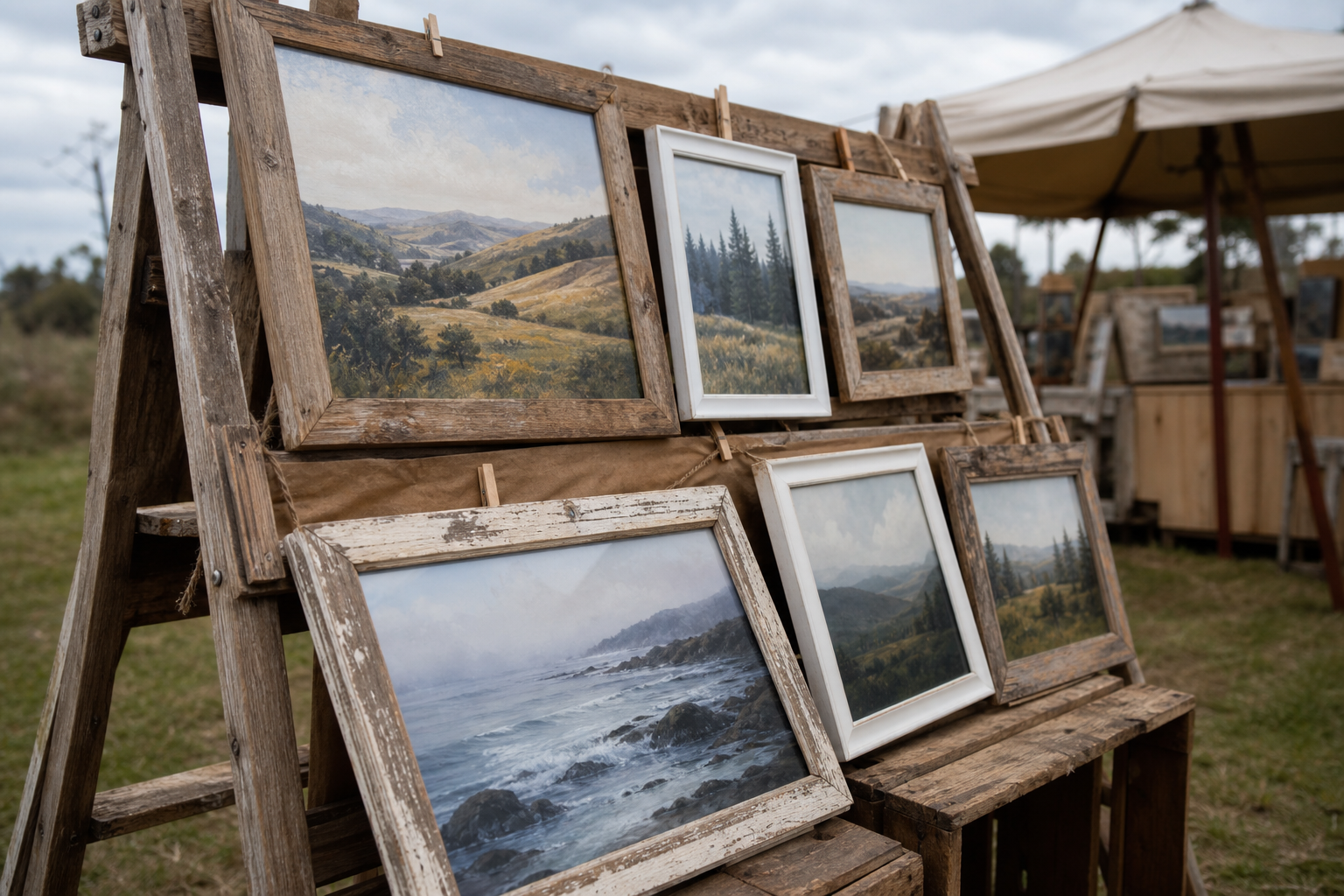 Framed landscape paintings arranged on a wooden display stand outdoors