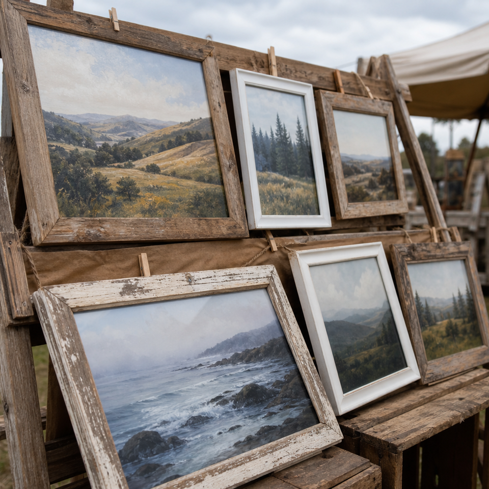 Framed landscape paintings arranged on a wooden display stand outdoors
