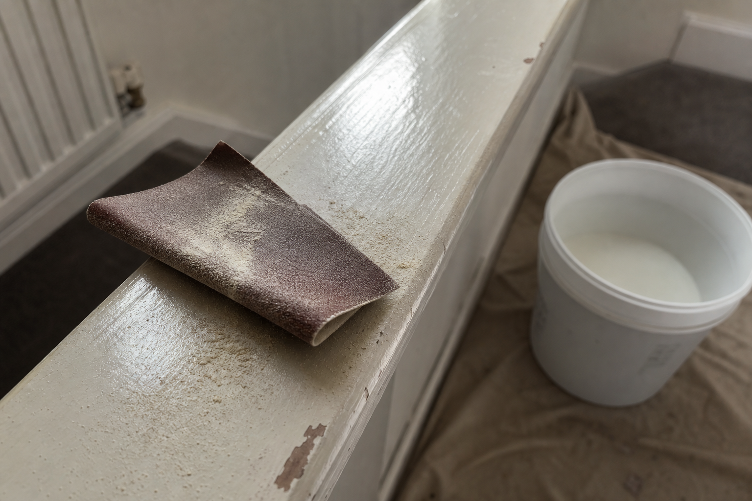 Fine sandpaper resting on glossy painted wooden trim beside a pot of sugar soap