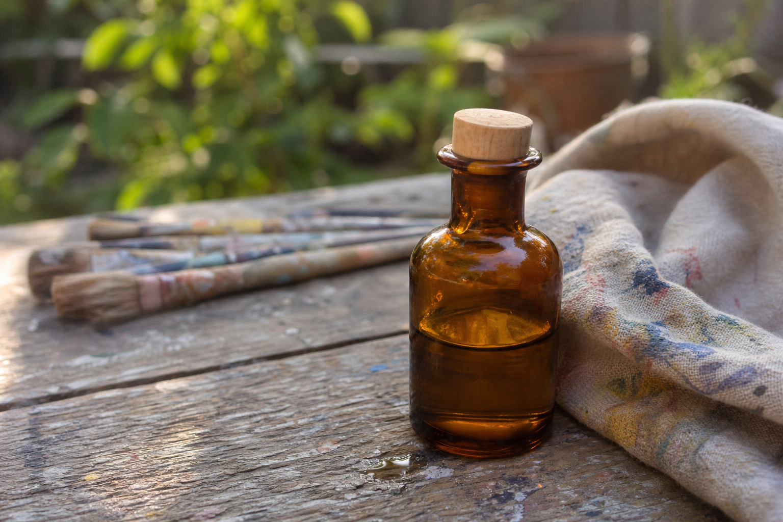 Small bottle of walnut oil beside folded cloth and paint-stained brushes on a wooden surface outdoors