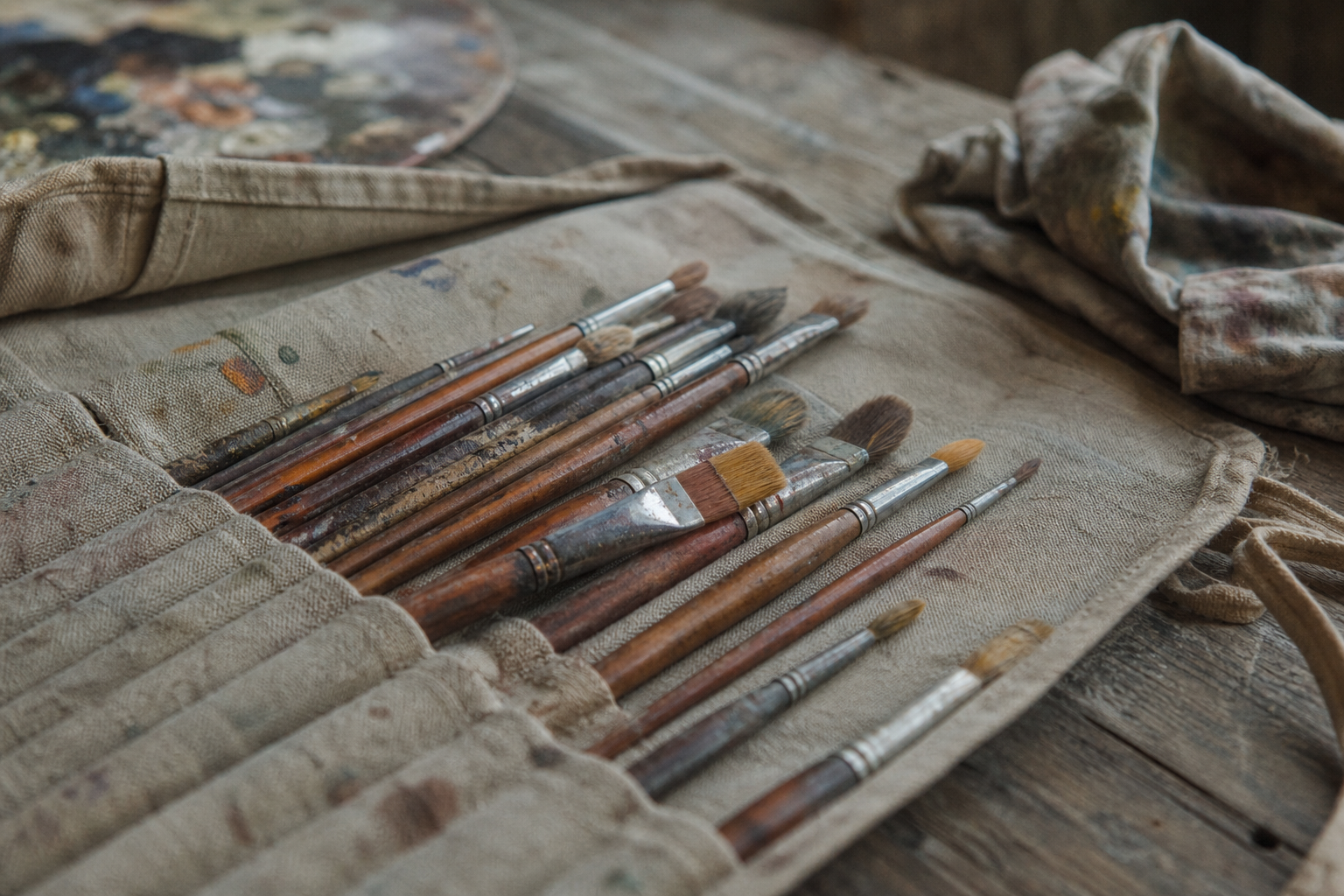 A rolled canvas brush holder unrolled to show several oil painting brushes in individual slots