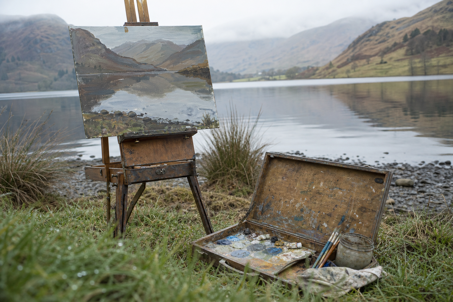 Wooden easel and paint box beside a calm mountain lake surrounded by fells