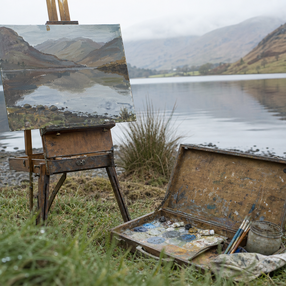 Wooden easel and paint box beside a calm mountain lake surrounded by fells