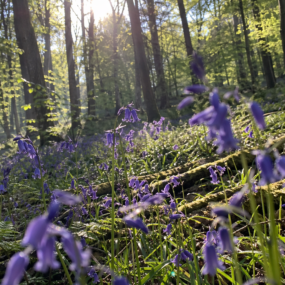Sunlit bluebell woodland floor in soft spring light