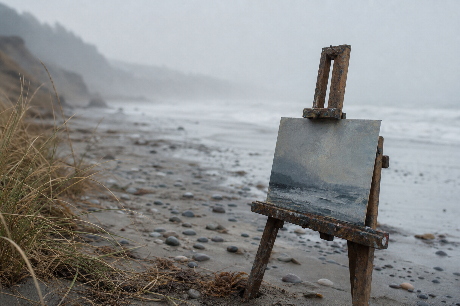 A wooden field easel with a small panel on misty coastal ground with soft grey light