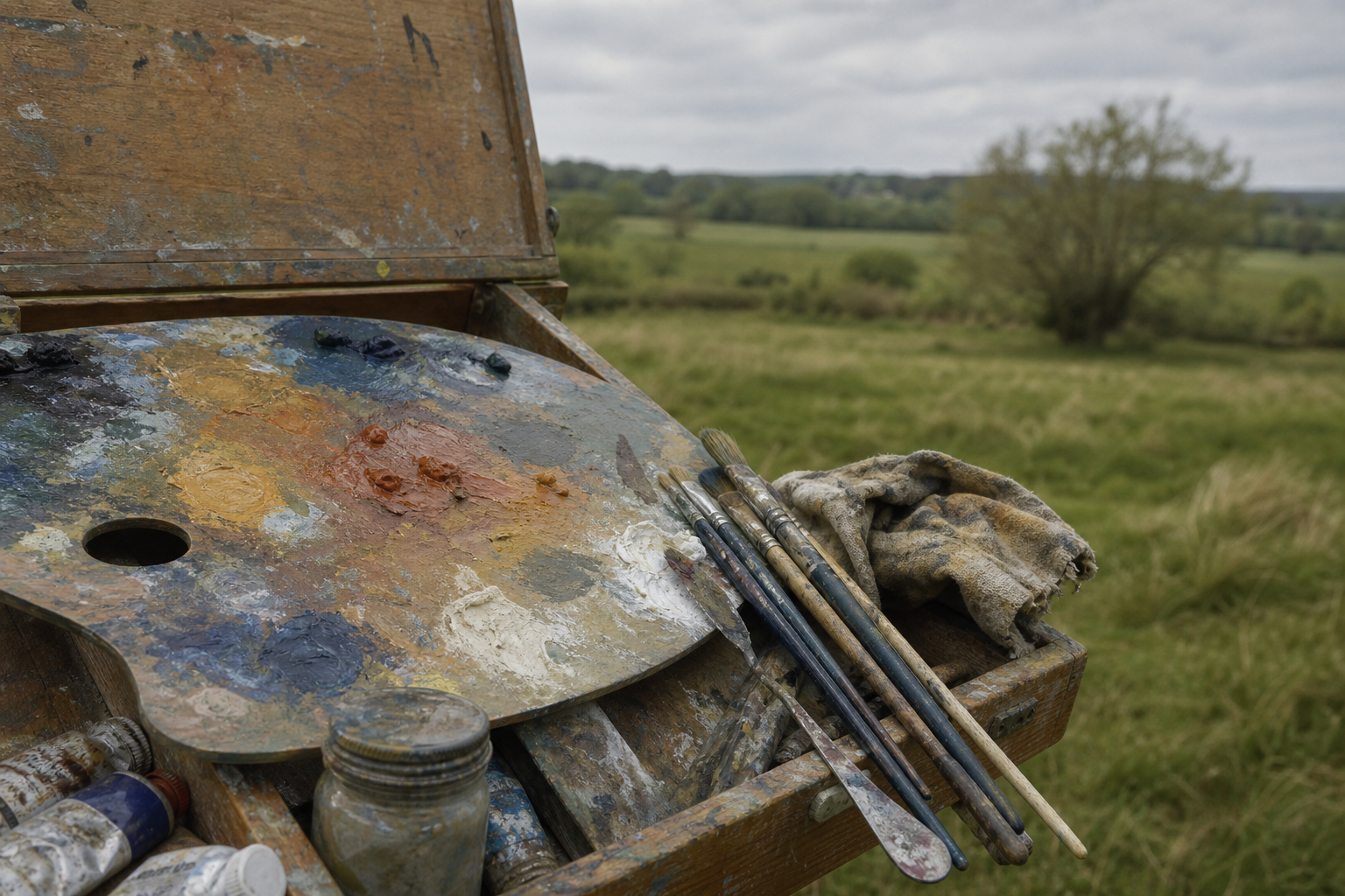 Oil paint palette with brushes resting beside it in natural daylight outdoors