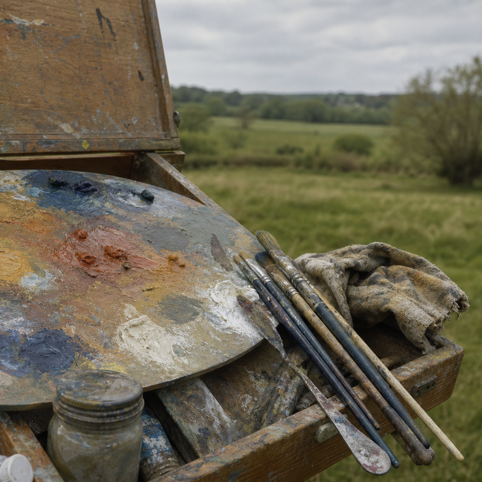 Oil paint palette with brushes resting beside it in natural daylight outdoors