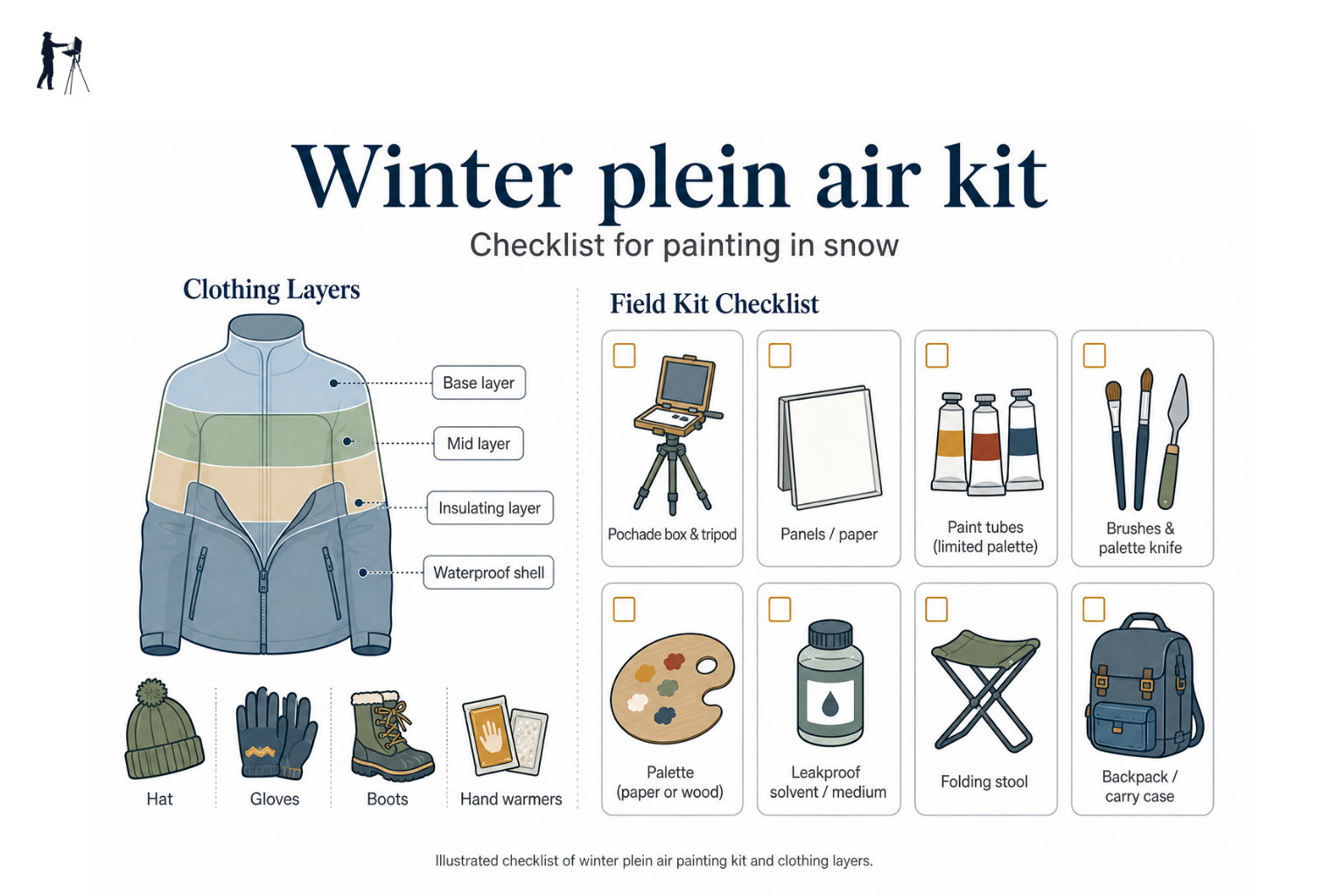 Illustrated checklist of winter plein air painting kit and clothing layers