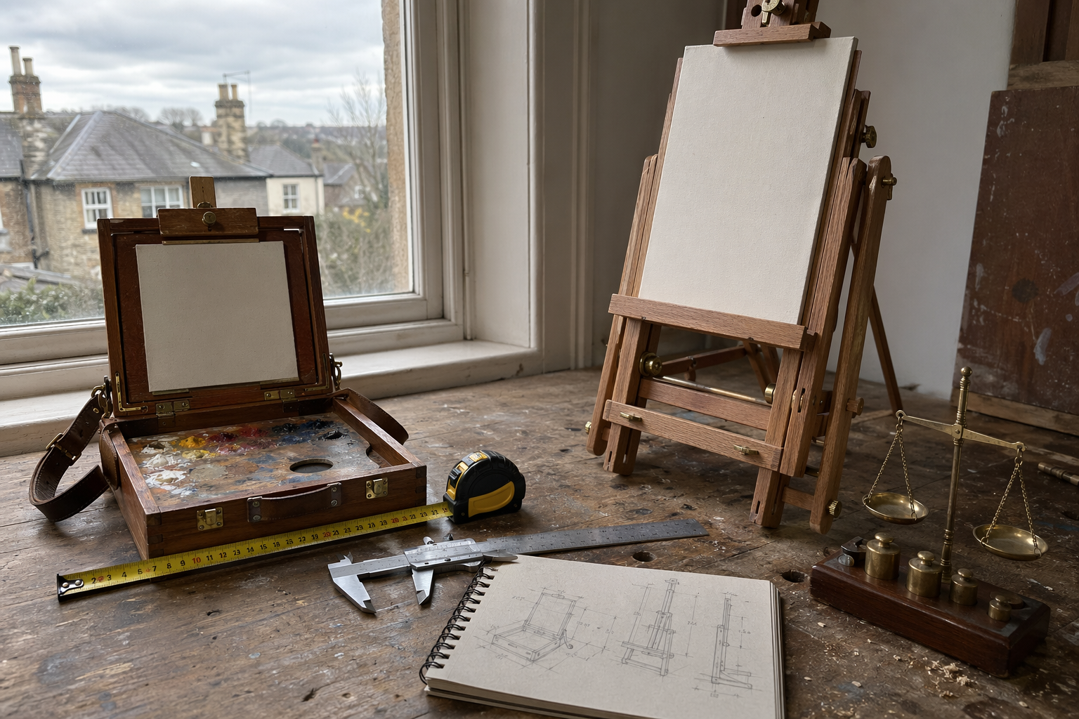 Side-by-side diagram comparing pochade box and French easel dimensions and weight