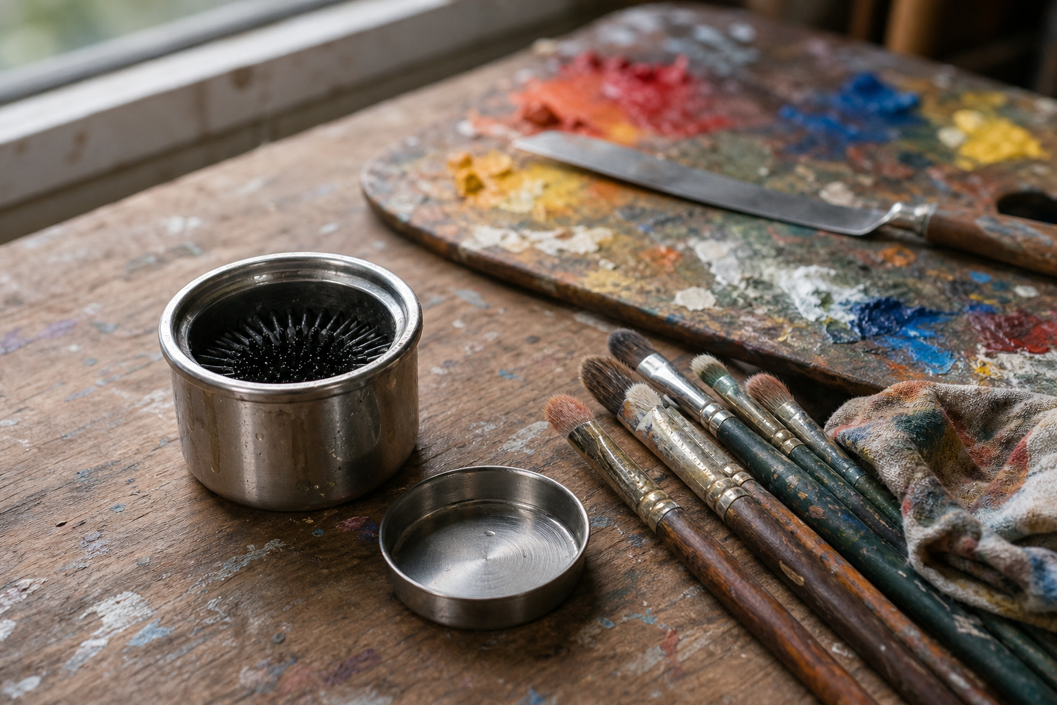 Small stainless steel brush washer with lid resting beside oil painting brushes and a palette