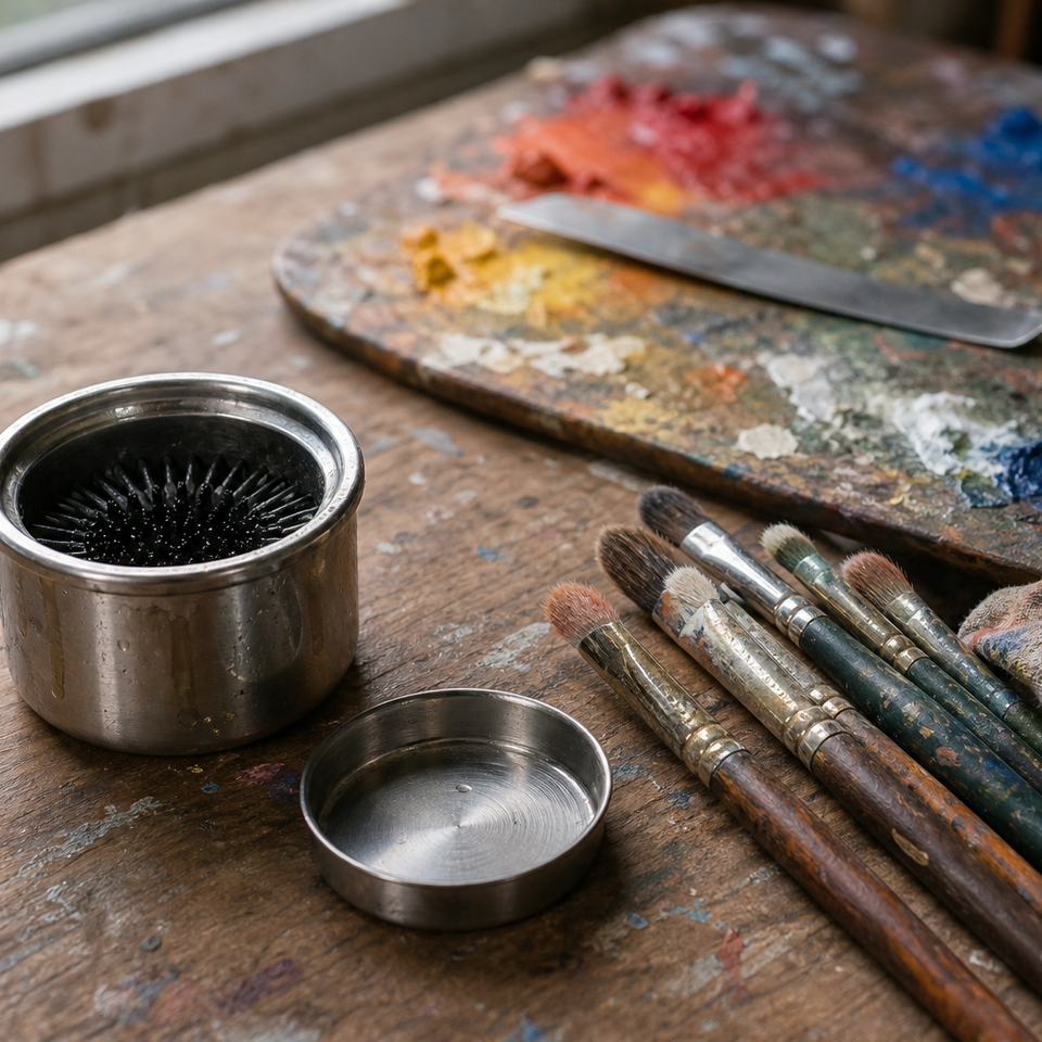 Small stainless steel brush washer with lid resting beside oil painting brushes and a palette