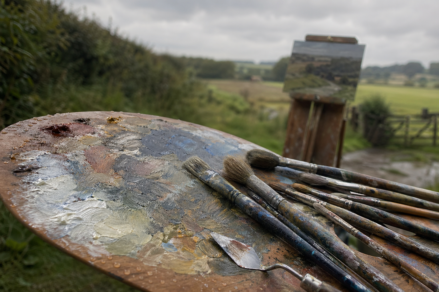 Several oil painting brushes arranged on a wooden palette with paint outdoors
